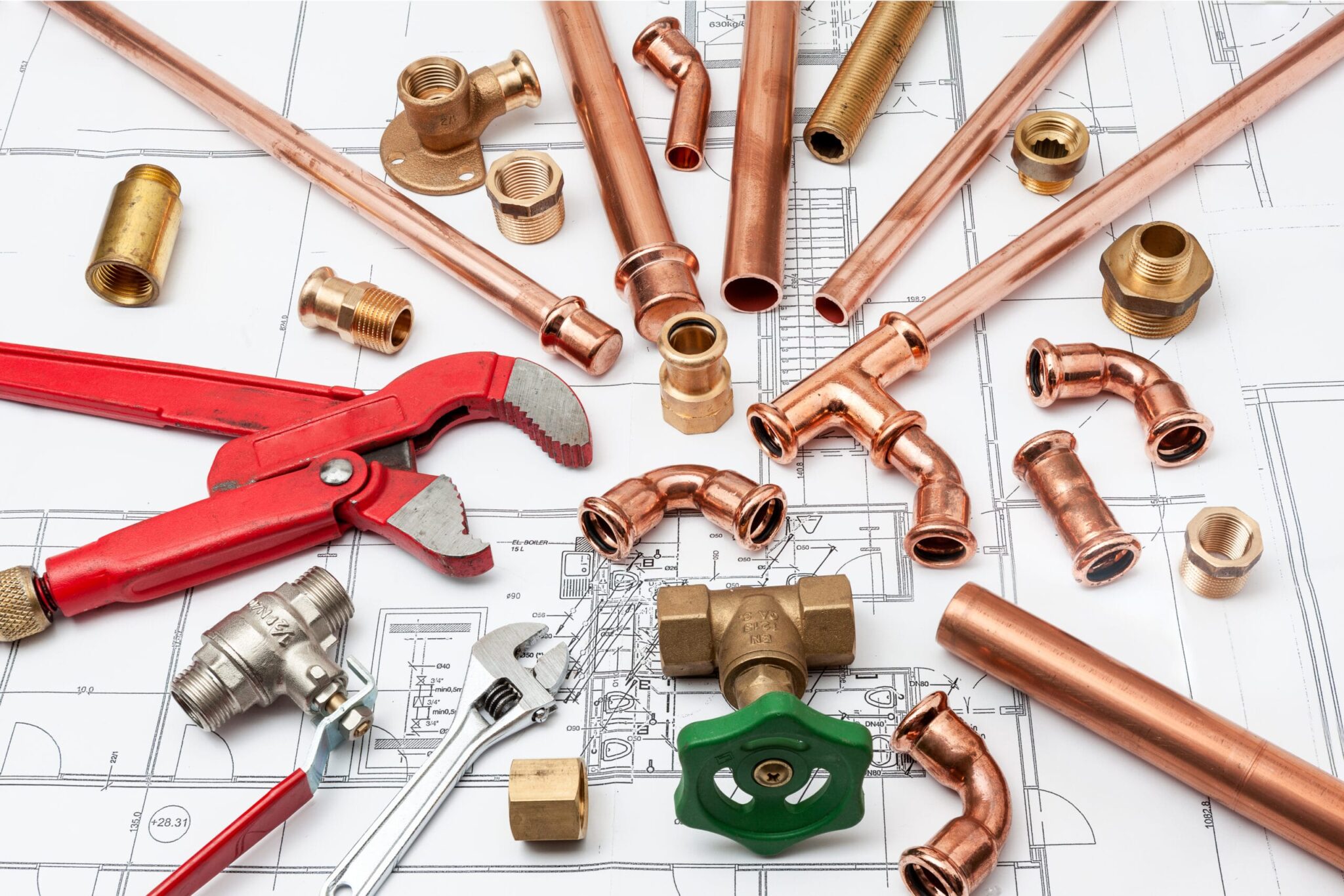 Copper pipes, fittings, valves, and plumbing tools in Palm City