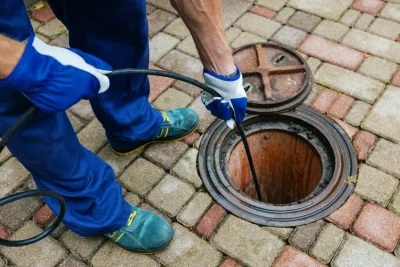 Plumber cleaning an outdoor sewer drain in Palm City