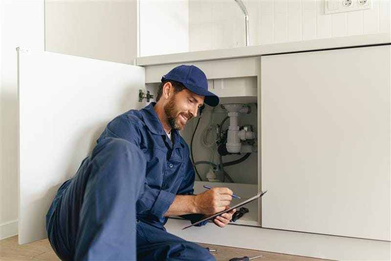 Residential plumber reviewing plumbing repairs in a Palm City kitchen