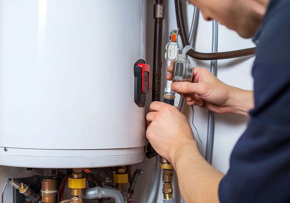 Technician repairing pipes connected to a water heater in Palm City